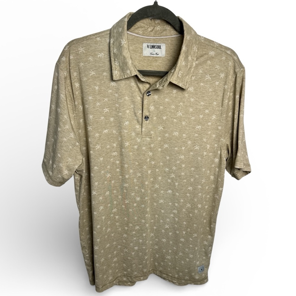 Linksoul Palm Print Golf Polo Shirt Size Large Tan Performance Polo